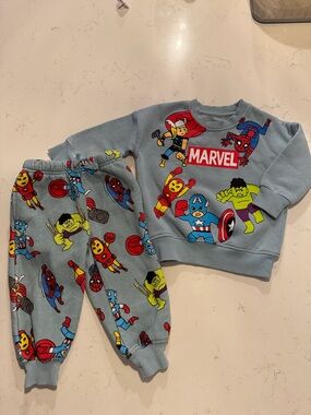 Marvel Light Blue Kids Sweatshirt & Jogger Set with Multicolor Superhero Icons